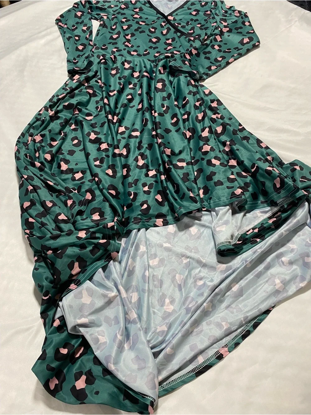 Women’s Green High-Low Dress with Pink & Black Leopard Print